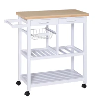 HOMCOM Carrito de Cocina Mesa Servicio Auxiliar Madera y Metal Cromado con 4 Ruedas 2 Cajones y Botellero 85x37x85 cm(m-1)