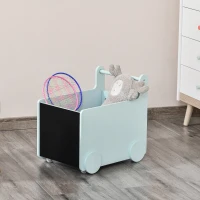 HOMCOM Carrello Porta Giochi per Bambini con 2 Lavagne per Disegnare, Impugnatura e Ruote, Legno MDF, 47x35x45.5cm, Azzurro(m-4)