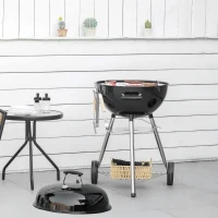 Outsunny Kettle Grill with Knife, Turner, and Grill Tongs, Thermometer, Ash Catcher, Rain Cover, Metal, Black(m-2)