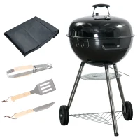 Outsunny Kettle Grill with Knife, Turner, and Grill Tongs, Thermometer, Ash Catcher, Rain Cover, Metal, Black(m-1)