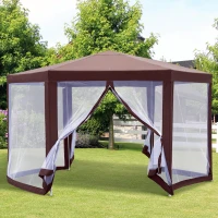 Outsunny Hexagonal Garden Gazebo Patio Party Outdoor Canopy Tent Sun Shelter with Mosquito Netting and Zipped Door, Brown(m-10)