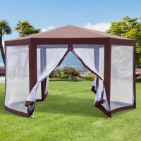 Outsunny Hexagonal Garden Gazebo Patio Party Outdoor Canopy Tent Sun Shelter with Mosquito Netting and Zipped Door, Brown(m-2)