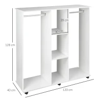 HOMCOM Open Wardrobe Double Mobile Storage Shelves Organizer W/6 Wheels-White(m-3)