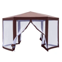 Outsunny Hexagonal Garden Gazebo Patio Party Outdoor Canopy Tent Sun Shelter with Mosquito Netting and Zipped Door, Brown(m-1)