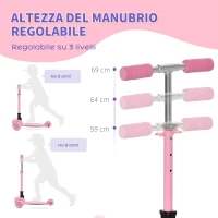 HOMCOM Monopattino Pieghevole e Regolabile con 3 Ruote Illuminate LED per Bambini 3-8 Anni - Rosa(m-6)