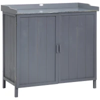 Outsunny Garden Storage Cabinet, Outdoor Tool Shed, Potting Bench Table with Galvanized Top and Two Shelves for Yard Tools or Pool Accessories, Grey(m-1)