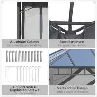 Outsunny Pavilion cu acoperis rigid din policarbonat 4 x 3 (m), Pergola cu cadru din aluminiu cu plasa, pentru gradina, veranda, Gri(m-6)