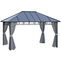 Outsunny Pavilion cu acoperis rigid din policarbonat 4 x 3 (m), Pergola cu cadru din aluminiu cu plasa, pentru gradina, veranda, Gri(m-1)