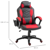 HOMCOM Bureaustoel Massagestoel met 6 Vibratiepunten Ergonomische Gamingstoel met Verwarmingsfunctie Kunstleer Rood 68 x 69 x 108-117cm(m-3)