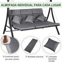 Outsunny Baloiço de Jardim de 3 Lugares com Toldo Ajustável Baloiço de Exterior com Toldo Almofadas para Jardim Terraço Carga Máxima 270kg 200x115x168cm Cinza(m-7)