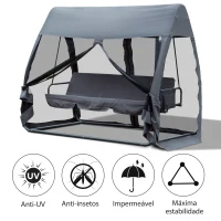 Outsunny Baloiço de Jardim de 3 Lugares Convertível em Cama com Rede Mosquiteira Carga Máxima 300kg 240x140x197cm Cinza(m-4)