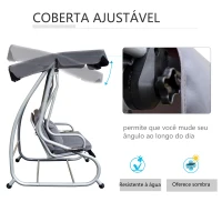 Outsunny Banco Baloiço Jardim 3 Lugares Convertível em Cama com Teto Ajustável e Bandeja para Bebidas 200x120x164 cm Cinza(m-6)