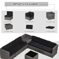 Outsunny 6-Seater Rattan Sofa Furniture Set W/ Cushions, Steel Frame-Grey(m-6)