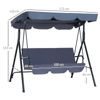 Outsunny Baloiço de Jardim de 3 Lugares Baloiço com Teto Ajustável em Ângulo para Terraço Balcão Carga Máxima 200kg Aço 172x110x153cm Cinza(m-3)