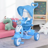 HOMCOM Triciclo con Maniglione a Forma di Moto per Bambini 18-72 Mesi (25kg) con Tettuccio Rimovibile e Bauletto, Azzurro(m-2)