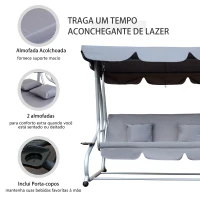Outsunny Banco Baloiço Jardim 3 Lugares Convertível em Cama com Teto Ajustável e Bandeja para Bebidas 200x120x164 cm Cinza(m-9)