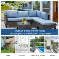 Outsunny Ensemble salon de jardin d'angle résine tressée 4 pièces 2 canapés 2 places + repose-pieds + table basse plateau verre trempé coussins lavables fournis métal 140 x 70 x 66 cm gris et bleu(m-7)