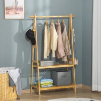 Suport pentru Umerase HOMCOM cu 2 Rafturi si 4 Carlige Laterale, Structura din bambus, 100L x 42l x 155lcm, Culoarea Lemnului(m-2)