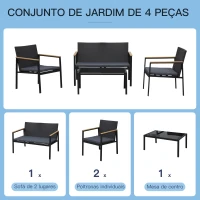 Outsunny Conjunto de Móveis de Vime e 4 Peças com Almofadas Acolchoadas 2 Poltronas 1 Sofá Duplo e Mesa de Centro Preto(m-4)