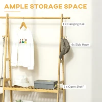 Suport pentru Umerase HOMCOM cu 2 Rafturi si 4 Carlige Laterale, Structura din bambus, 100L x 42l x 155lcm, Culoarea Lemnului(m-5)