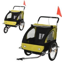 HOMCOM Reboque de Bicicleta 2 EM 1 para crianças de 2 lugares com Amortecedores Convertível em carrinho com barra e kit de corrida 129x85x105cm Amarelo(m-8)