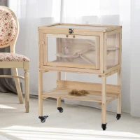 PawHut Hamsterkooi van hout kooi voor kleine huisdieren op wielen kooi muizenkooi plexiglas naturel(m-10)