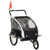 HOMCOM  Reboque de Bicicleta 2 EM 1 para crianças de 2 lugares com Amortecedores Convertível em carrinho com barra e kit de corrida 129x85x105cm Branco(m-1)