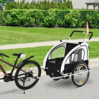 HOMCOM  Reboque de Bicicleta 2 EM 1 para crianças de 2 lugares com Amortecedores Convertível em carrinho com barra e kit de corrida 129x85x105cm Branco(m-2)