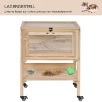 PawHut Hamsterkooi van hout kooi voor kleine huisdieren op wielen kooi muizenkooi plexiglas naturel(m-4)
