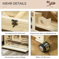 PawHut hamsterkooi knaagdierkooi 3 niveaus muizenkooi met 3 openingen 4 wielen drie verdiepingen vurenhout organisch glas naturel 110 x 60 x 80 cm(m-6)
