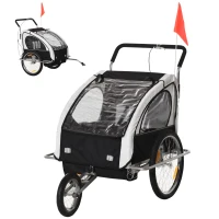 HOMCOM  Reboque de Bicicleta 2 EM 1 para crianças de 2 lugares com Amortecedores Convertível em carrinho com barra e kit de corrida 129x85x105cm Branco(m-10)