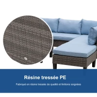 Outsunny Ensemble salon de jardin d'angle résine tressée 4 pièces 2 canapés 2 places + repose-pieds + table basse plateau verre trempé coussins lavables fournis métal 140 x 70 x 66 cm gris et bleu(m-6)
