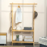 Suport pentru Umerase HOMCOM cu 2 Rafturi si 4 Carlige Laterale, Structura din bambus, 100L x 42l x 155lcm, Culoarea Lemnului(m-10)