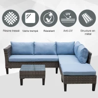 Outsunny Ensemble salon de jardin d'angle résine tressée 4 pièces 2 canapés 2 places + repose-pieds + table basse plateau verre trempé coussins lavables fournis métal 140 x 70 x 66 cm gris et bleu(m-4)