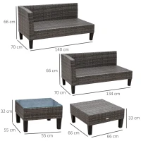 Outsunny Ensemble salon de jardin d'angle résine tressée 4 pièces 2 canapés 2 places + repose-pieds + table basse plateau verre trempé coussins lavables fournis métal 140 x 70 x 66 cm gris et bleu(m-3)