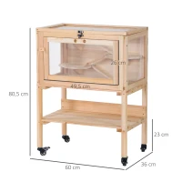 PawHut Hamsterkooi van hout kooi voor kleine huisdieren op wielen kooi muizenkooi plexiglas naturel(m-3)
