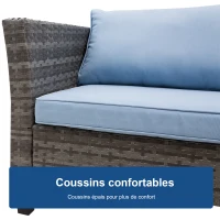 Outsunny Ensemble salon de jardin d'angle résine tressée 4 pièces 2 canapés 2 places + repose-pieds + table basse plateau verre trempé coussins lavables fournis métal 140 x 70 x 66 cm gris et bleu(m-5)