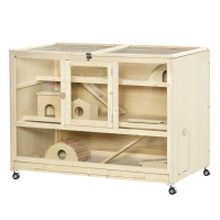 PawHut hamsterkooi knaagdierkooi 3 niveaus muizenkooi met 3 openingen 4 wielen drie verdiepingen vurenhout organisch glas naturel 110 x 60 x 80 cm(m-11)