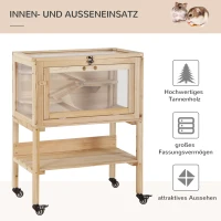 PawHut Hamsterkooi van hout kooi voor kleine huisdieren op wielen kooi muizenkooi plexiglas naturel(m-7)