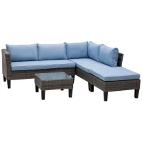 Outsunny Ensemble salon de jardin d'angle résine tressée 4 pièces 2 canapés 2 places + repose-pieds + table basse plateau verre trempé coussins lavables fournis métal 140 x 70 x 66 cm gris et bleu(m-1)