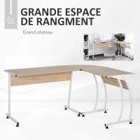 HOMCOM Bureau Informatique multimédia Bureau d'angle Design Contemporain métal Blanc Imitation Bois chêne Clair(m-4)