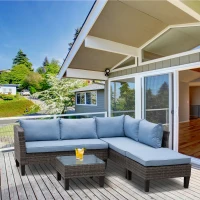 Outsunny Ensemble salon de jardin d'angle résine tressée 4 pièces 2 canapés 2 places + repose-pieds + table basse plateau verre trempé coussins lavables fournis métal 140 x 70 x 66 cm gris et bleu(m-2)