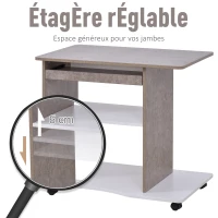 HOMCOM Bureau Informatique à roulettes avec Support Clavier dim. 80L x 50l x 76H cm MDF Gris Blanc(m-6)
