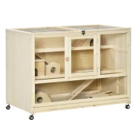 PawHut hamsterkooi knaagdierkooi 3 niveaus muizenkooi met 3 openingen 4 wielen drie verdiepingen vurenhout organisch glas naturel 110 x 60 x 80 cm(m-1)