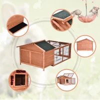 PawHut Klatka dla królika z asfaltowym dachem, klatka dla królików z wybiegiem, lite drewno, naturalny, 146,7 x 95,5 x 69 cm(m-6)