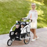 HOMCOM  Reboque de Bicicleta 2 EM 1 para crianças de 2 lugares com Amortecedores Convertível em carrinho com barra e kit de corrida 129x85x105cm Branco(m-9)