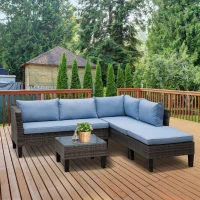 Outsunny Ensemble salon de jardin d'angle résine tressée 4 pièces 2 canapés 2 places + repose-pieds + table basse plateau verre trempé coussins lavables fournis métal 140 x 70 x 66 cm gris et bleu(m-9)