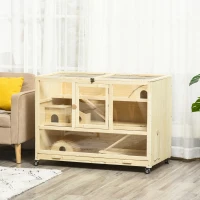 PawHut hamsterkooi knaagdierkooi 3 niveaus muizenkooi met 3 openingen 4 wielen drie verdiepingen vurenhout organisch glas naturel 110 x 60 x 80 cm(m-10)