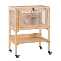 PawHut Hamsterkooi van hout kooi voor kleine huisdieren op wielen kooi muizenkooi plexiglas naturel(m-1)