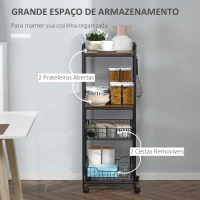 HOMCOM Carro de Cozinha com Rodas Carrinho Auxiliar de Armazenamento com 2 Prateleiras 2 Cestas Removíveis 4 Ganchos 40x38x111cm Nogueira e Preto(m-4)